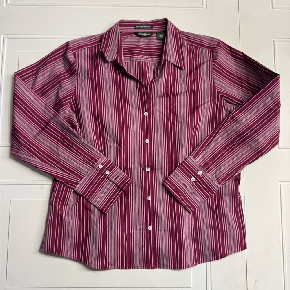 Eddie Bauer Maroon Pink Striped Button Down Shirt Wrinkle Resistant Size L